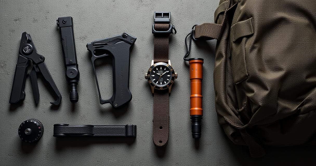 Equipaggiamento EDC professionale su superficie in cemento